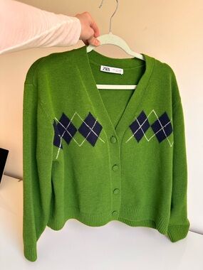 ZARA Green wool blend V-Neck Button Cardigan Sweater